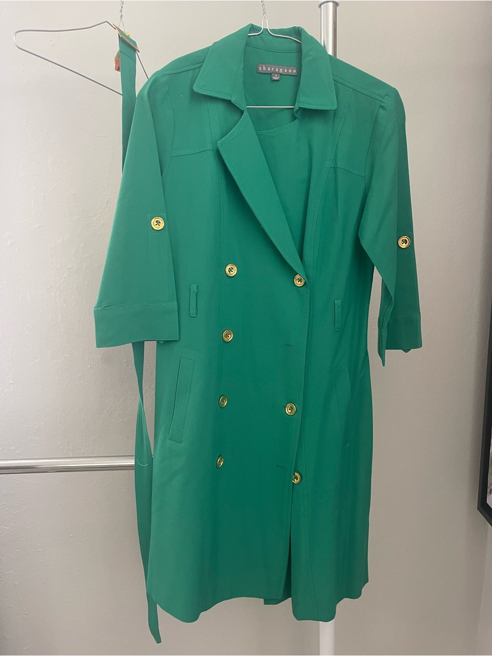 Sharagano Emerald Green Double-Breasted Trench Coat with Gold Buttons